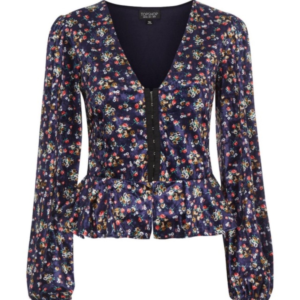 Blue Floral Print Velvet Hook-and-Eye Top